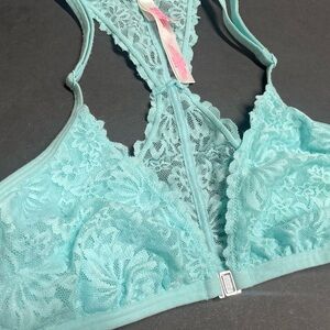 PINK Aqua Blue Lace Racerback Front Clasp Bralette, M